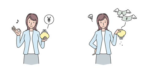 黒字と赤字のサイフを持つ若い女性　セット