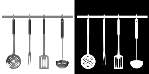 3D rendering illustration of a kitchen tools utensils rack
