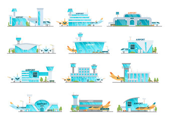 Obraz premium Airport building and airplanes, taxi, car, loader.