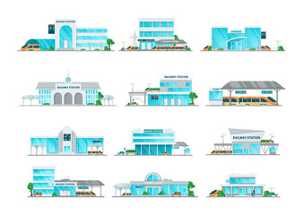 Railway station building cartoon set vector illustration