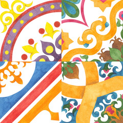 Patterned tiles with floral and geometric ornaments. A set of four rapports in high quality.