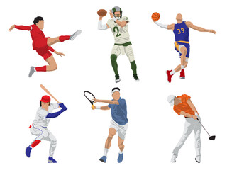 Athletes Football, American Football, Basketball, Baseball, Tennis, Golf.