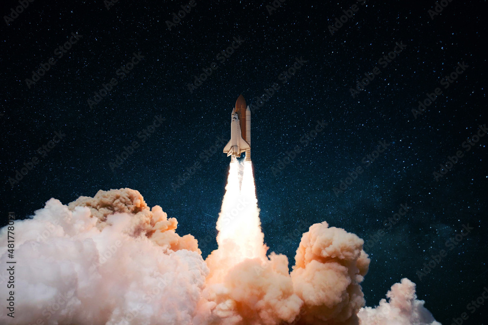 Poster New Space Shuttle rocket with puffs of smoke and blastoff successfully launched into space. Spaceship lift off. Start up, concept