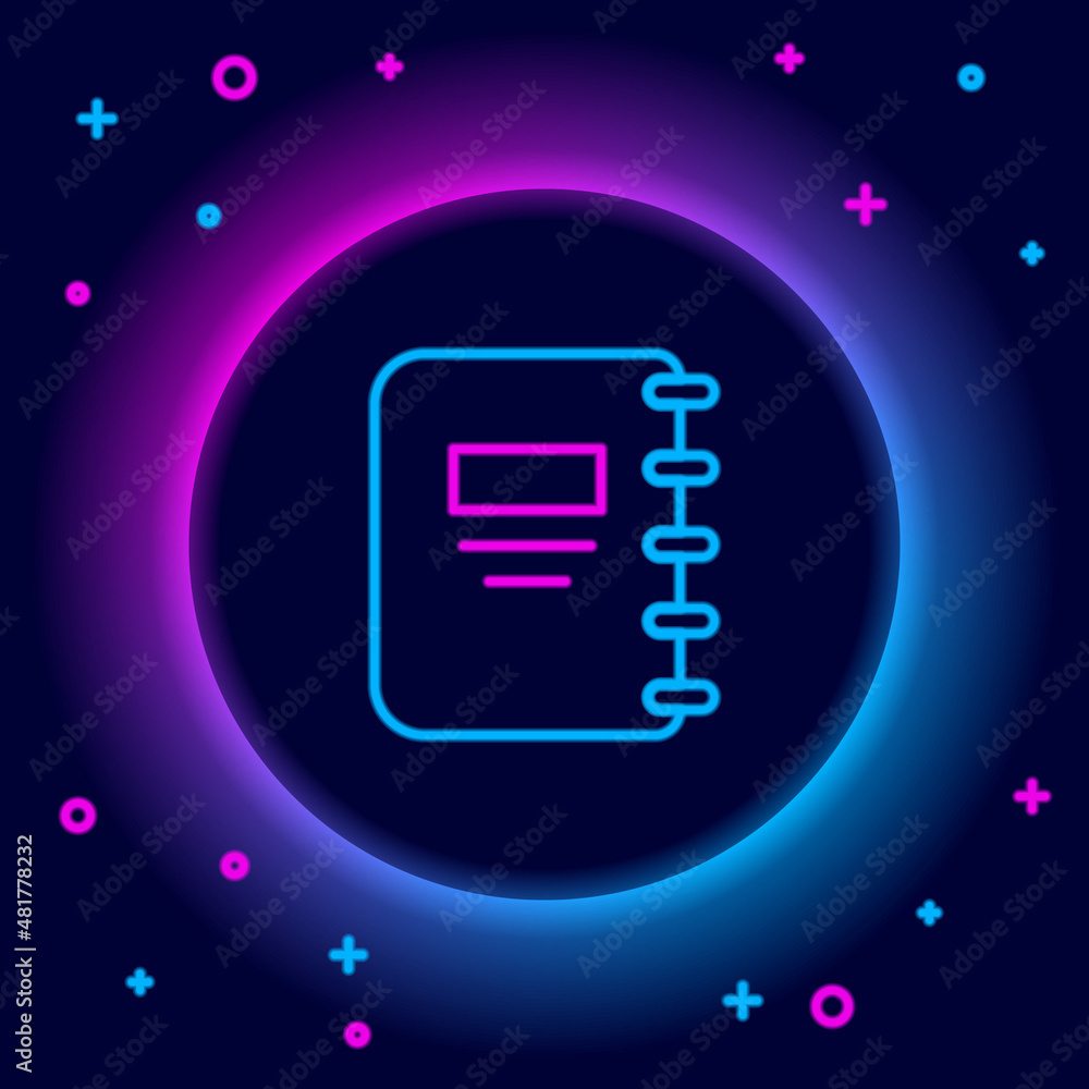 Poster glowing neon line notebook icon isolated on black background. spiral notepad icon. school notebook. 