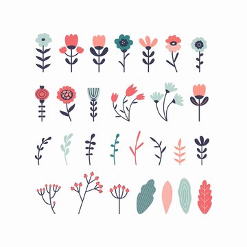 Flower collection of plant elements isolated on white background. Hand drawn flowers, stems, leaves, grass, floral branch. Folk style. Botanical rustic trendy flat illustration in Scandinavian style.