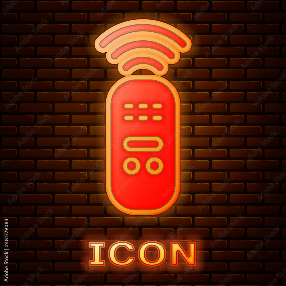 Poster glowing neon smart remote control system icon isolated on brick wall background. internet of things 