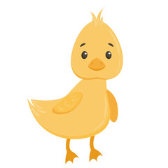 Yellow little duck in flat style isolated on white background. Cute vector illustration in a simple hand drawn cartoon style. Cute cartoon goose. Bird character with texture