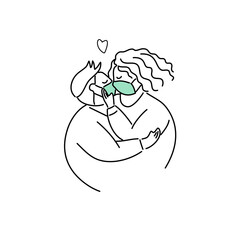 Plus Size, overweight Couple in love wearing medical mask, hand draw doodle cartoon flat vector illustration for valentine's day concept.