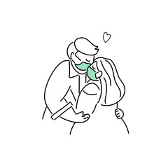 Plus Size, overweight Couple in love wearing medical mask, hand draw doodle cartoon flat vector illustration for valentine's day concept.