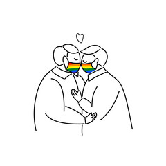 Plus Size, overweight Couple gay in love wearing pride flag color mask, hand draw doodle cartoon flat vector illustration for valentine's day concept.