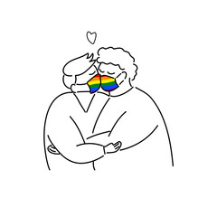 Plus Size, overweight Couple gay in love wearing pride flag color mask, hand draw doodle cartoon flat vector illustration for valentine's day concept.