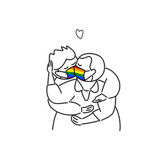 Plus Size, overweight Couple gay in love wearing pride flag color mask, hand draw doodle cartoon flat vector illustration for valentine's day concept.