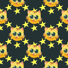 Seamless pattern with cute ginger cats and yellow stars. A cat with green eyes. Creative Scandinavian children's texture. Watercolor illustrations on a gray background. For textiles, packaging.