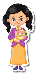 A girl holding flower bouquet cartoon character