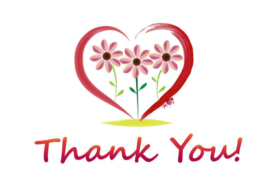 Thank you word text with a love heart and flowers watercolor greetings card vector image icon logo design