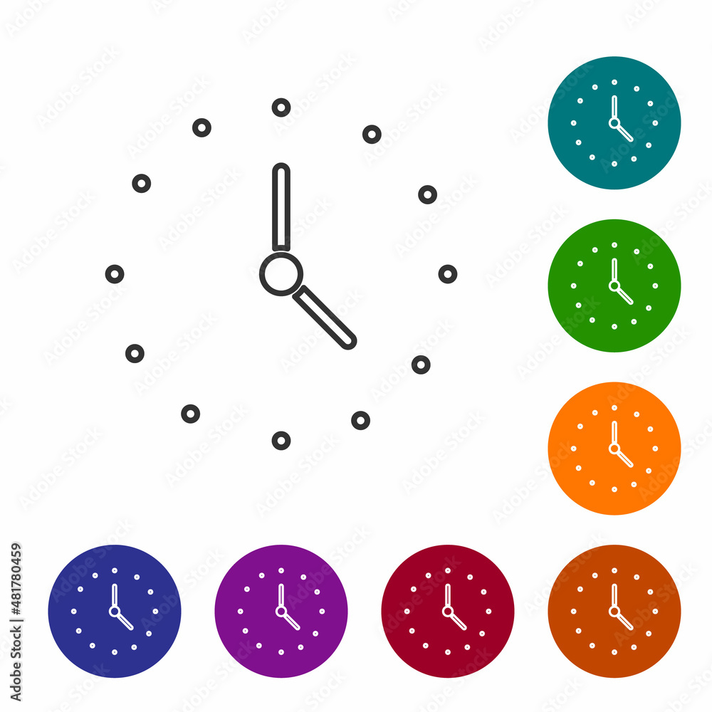 Poster black line clock icon isolated on white background. time symbol. set icons in color circle buttons. 