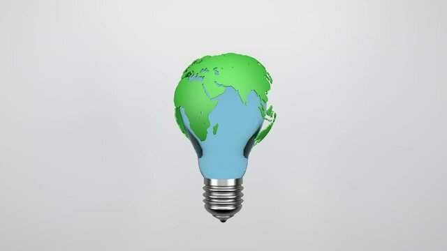 Planet Earth in an electric light bulb rotates in a loop on an empty white background. Ecology, electricity, environmental conservation, renewable energy resources concept