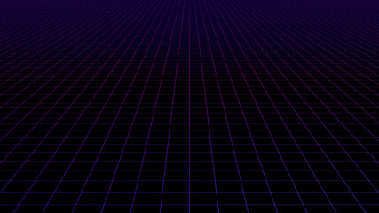 Neon grid background. Futuristic digital syntwave colored lines on a black empty surface glowing in the void. New retro wave and retro 80s concept.