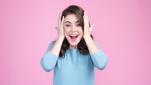 Ecstatic lady celebrate fortune yes sale isolated pastel color background
