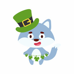 Cute wolf in St. Patrick's Day leprechaun hat holds shamrocks. Irish holiday folklore theme. Cartoon design for cards, decor, shirt, invitation. Vector stock illustration.