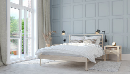 3d Illustration eines skandinavischen, nordischen Schlafzimmers mit Bett - Ferienwohnung
