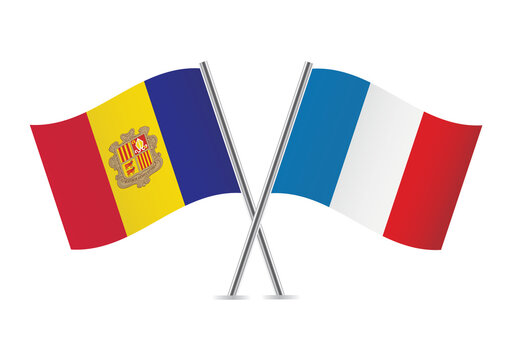 Andorra and France flags. Andorran and French flags isolated on white background. Vector illustration.
