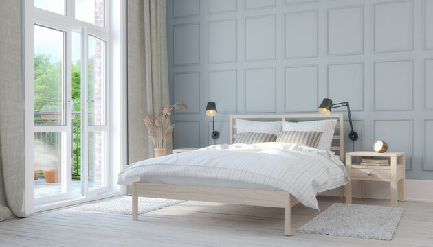 3d Illustration eines skandinavischen, nordischen Schlafzimmers mit Bett - Ferienwohnung