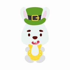 Cute bunny St. Patrick's Day leprechaun hat holds horseshoe. Irish holiday folklore theme. Cartoon design for cards, decor, shirt, invitation. Vector stock illustration.