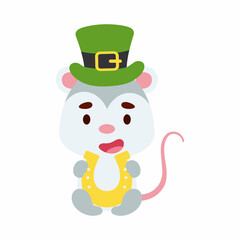 Cute opossum St. Patrick's Day leprechaun hat holds horseshoe. Irish holiday folklore theme. Cartoon design for cards, decor, shirt, invitation. Vector stock illustration.