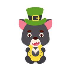 Cute tasmanian devil St. Patrick's Day leprechaun hat holds horseshoe. Irish holiday folklore theme. Cartoon design for cards, decor, shirt, invitation. Vector stock illustration.