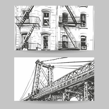 Set of city sketch banner design elements, vector illustration