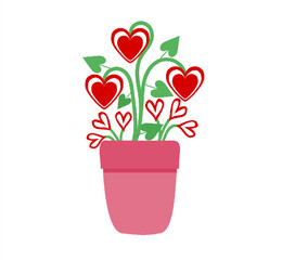 A plant with flowers and leaves in a pot, parts of a plant in the form of hearts, on a transparent background, for design and print, Valentine's Day, for a postcard, poster, banner