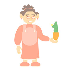 Vector illustration of an old lady with a cactus in her hand. Cactus in a pot and an old woman. Isolated
