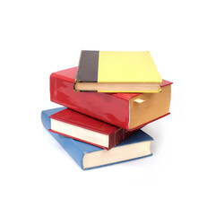 Stack of red, blue and yellow books isolated on a white background