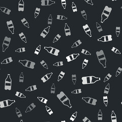 Grey Sport bottle with water icon isolated seamless pattern on black background. Vector
