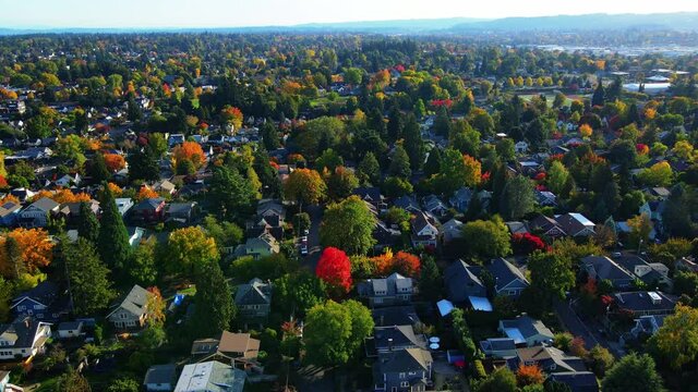 Drone footage of beautiful town in the fall