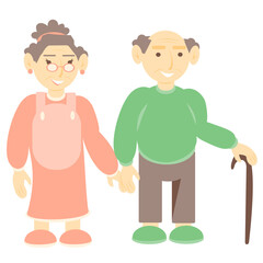 Vector illustration of grandfather and grandmother holding hands. An elderly couple. Family. Love. Isolated