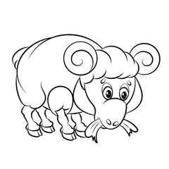 Animals. The image of a cute sheep.
 Black and white drawing, isolated background. Coloring book for kids. Vector image.