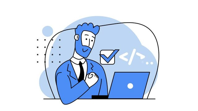 Successful programming. Hand gesture "yes". Mark about the work done. Programming languages. Programmer working on web development on PC. Software developers. 2d flat animation. Looped video.