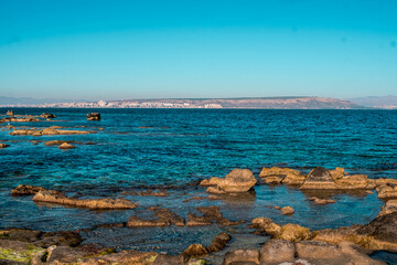 View of Santa Pola from the old island of Tabarca, in the Spanish Mediterranean, in front of Santa Pola, Alicante