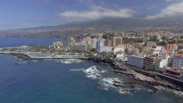 Tenerife, Canary Islands. Aerial view of Puerto de la Cruz coastline in summer season.