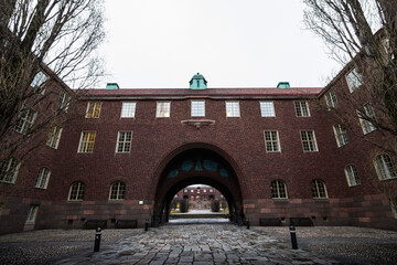 University in Stockholm, Sweden. Red Brick Modern Buildings.