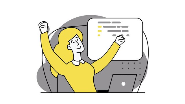 The programmer successfully completed the task. Concept of script coding, programming. Programming language. Programmer working on web development on the laptop. Software developers. 2d flat animation