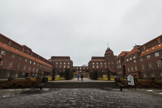 University in Stockholm, Sweden. Red Brick Modern Buildings.