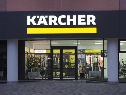Belarus,Minsk,2022.Karcher store showcases racks with goods that are for sale
