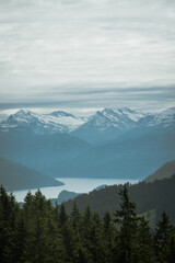 Obraz premium Lake Thun, Bern, Switzerland. Thunersee with Snowy Swiss Alps in the Background.