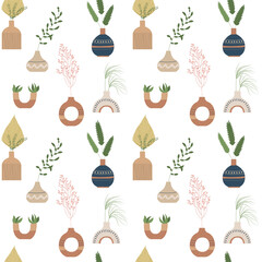 Trendy abstract seamless pattern with plants, vase terracotta color. Ceramic vases, jugs and jars with tropical leaves in modern scandinavian style. Floral pottery boho style vector illustration.