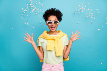 Photo of young cheerful african girl have fun enjoy free-time look comedy popcorn isolated over...
