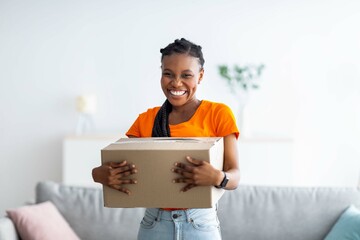 Overjoyed black lady holding cardboard parcel, receiving desired delivery, getting her online order at home - obrazy, fototapety, plakaty