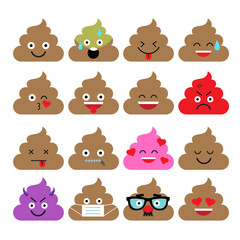 Obraz premium Set of cute poop emoticons, emoji flat design, vector illustration.